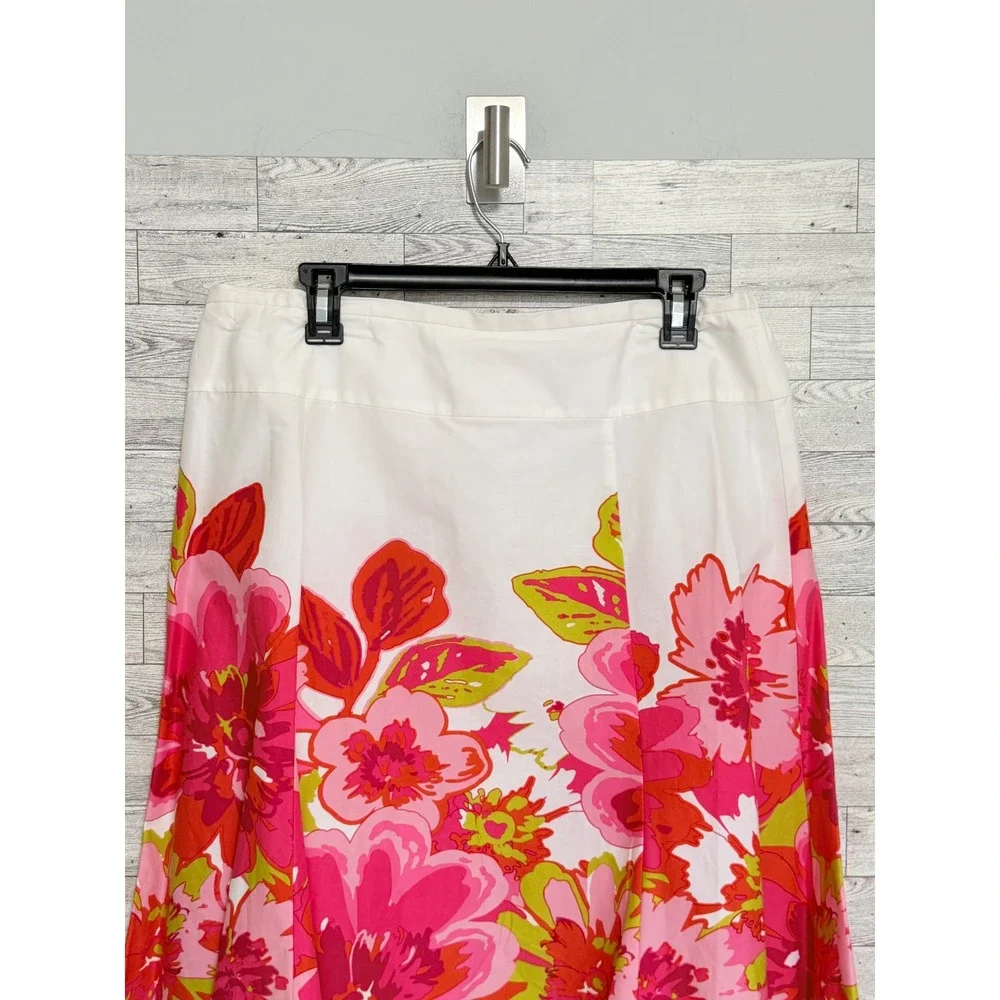 Floral A-Line Skirt Pink Orange Chartreuse White Cotton Blend Sz 14 Knee Length